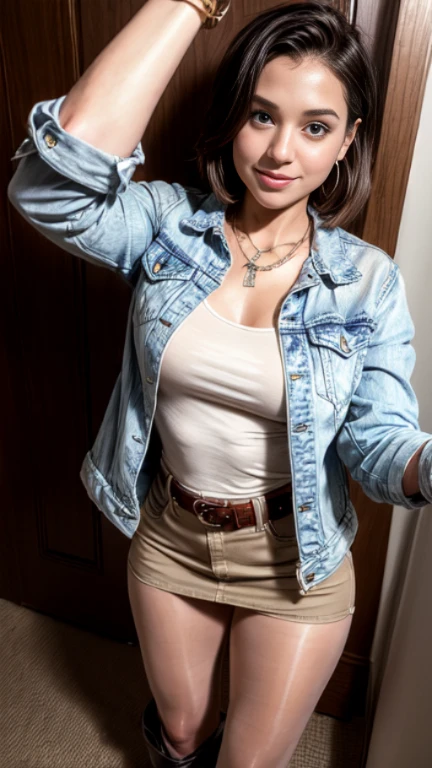 1woman 25 year old, solo, short straight hair,ooking at viewer, detailed eyes, shy smile,jewelry, medium breasts, earrings,belt, blue denim jacket over tight beige t-shirt,mini skirt,sheer tan pantyhose,boots, necklace, bracelet, lips