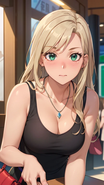 ((masterpiece, best quality, highres, UHD, RTX, perfect pixel, depth of field, 4k, extremely-detailed))), 1girl, single, solo, beautiful anime girl, beautiful artstyle, anime character, ((long hair, parted bangs, middle part hair bangs, dark blonde hair)), ((green eyes:1.4, rounded eyes, beautiful eyelashes, realistic eyes)), ((detailed face, blushing:1.2)), ((smooth texture:0.75, realistic texture:0.65, photorealistic:1.1, anime CG style, vibrant color)), ((medium breasts, cleavage, busty)), dynamic angle, perfect body, ((POV, dynamic pose, looking at viewer)), ((wearing tanktop, black tanktop, visible bra from inside the tanktop)), ((fashionable, single handbag, 1diamond necklace)), cemberut embrassed, amusement park, leaning forward 