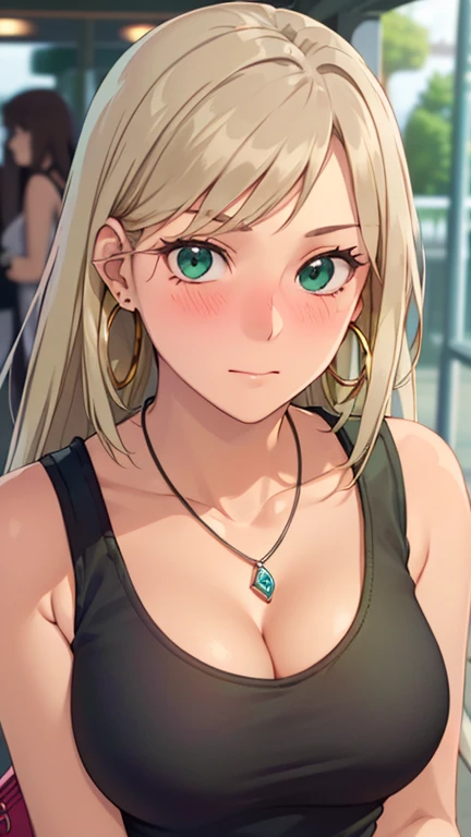 ((masterpiece, best quality, highres, UHD, RTX, perfect pixel, depth of field, 4k, extremely-detailed))), 1girl, single, solo, beautiful anime girl, beautiful artstyle, anime character, ((long hair, parted bangs, middle part hair bangs, dark blonde hair)), ((green eyes:1.4, rounded eyes, beautiful eyelashes, realistic eyes)), ((detailed face, blushing:1.2)), ((smooth texture:0.75, realistic texture:0.65, photorealistic:1.1, anime CG style, vibrant color)), ((medium breasts, cleavage, busty)), dynamic angle, perfect body, ((POV, dynamic pose, looking at viewer)), ((wearing tanktop, black tanktop, visible bra from inside the tanktop)), ((fashionable, single handbag, 1diamond necklace, hoop earrings)), cemberut, embrassed, amusement park, leaning forward