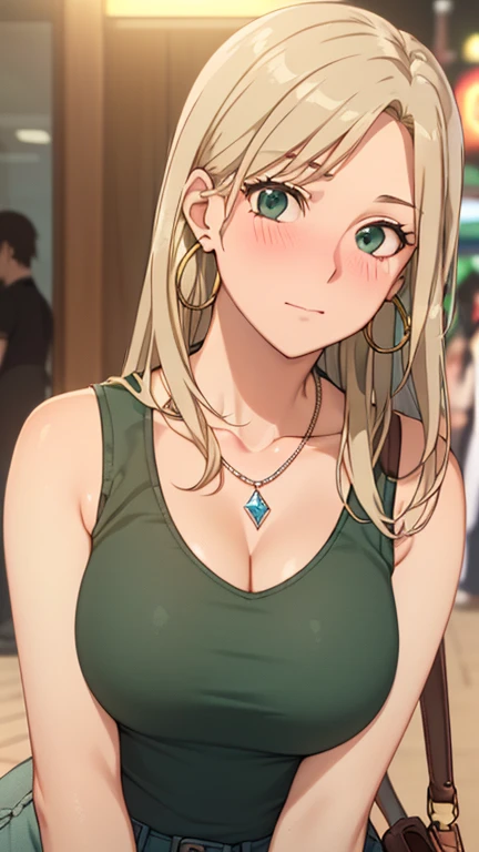 ((masterpiece, best quality, highres, UHD, RTX, perfect pixel, depth of field, 4k, extremely-detailed))), 1girl, single, solo, beautiful anime girl, beautiful artstyle, anime character, ((long hair, parted bangs, middle part hair bangs, dark blonde hair)), ((green eyes:1.4, rounded eyes, beautiful eyelashes, realistic eyes)), ((detailed face, blushing:1.2)), ((smooth texture:0.75, realistic texture:0.65, photorealistic:1.1, anime CG style, vibrant color)), ((medium breasts, cleavage, busty)), dynamic angle, perfect body, ((POV, dynamic pose, looking at viewer)), ((wearing tanktop, black tanktop, visible bra from inside the tanktop)), ((fashionable, single handbag, 1diamond necklace, hoop earrings)), cemberut, embrassed, amusement park, leaning forward