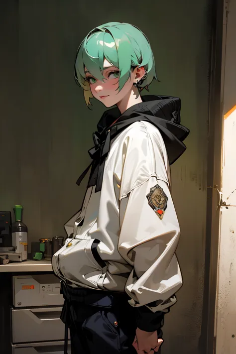 Masterpiece, Best quality, Realistic, 1 man, handsome, tall, detailed green eyes, sharp eyes, ((neon hair)), Black hoodie, Ear p...
