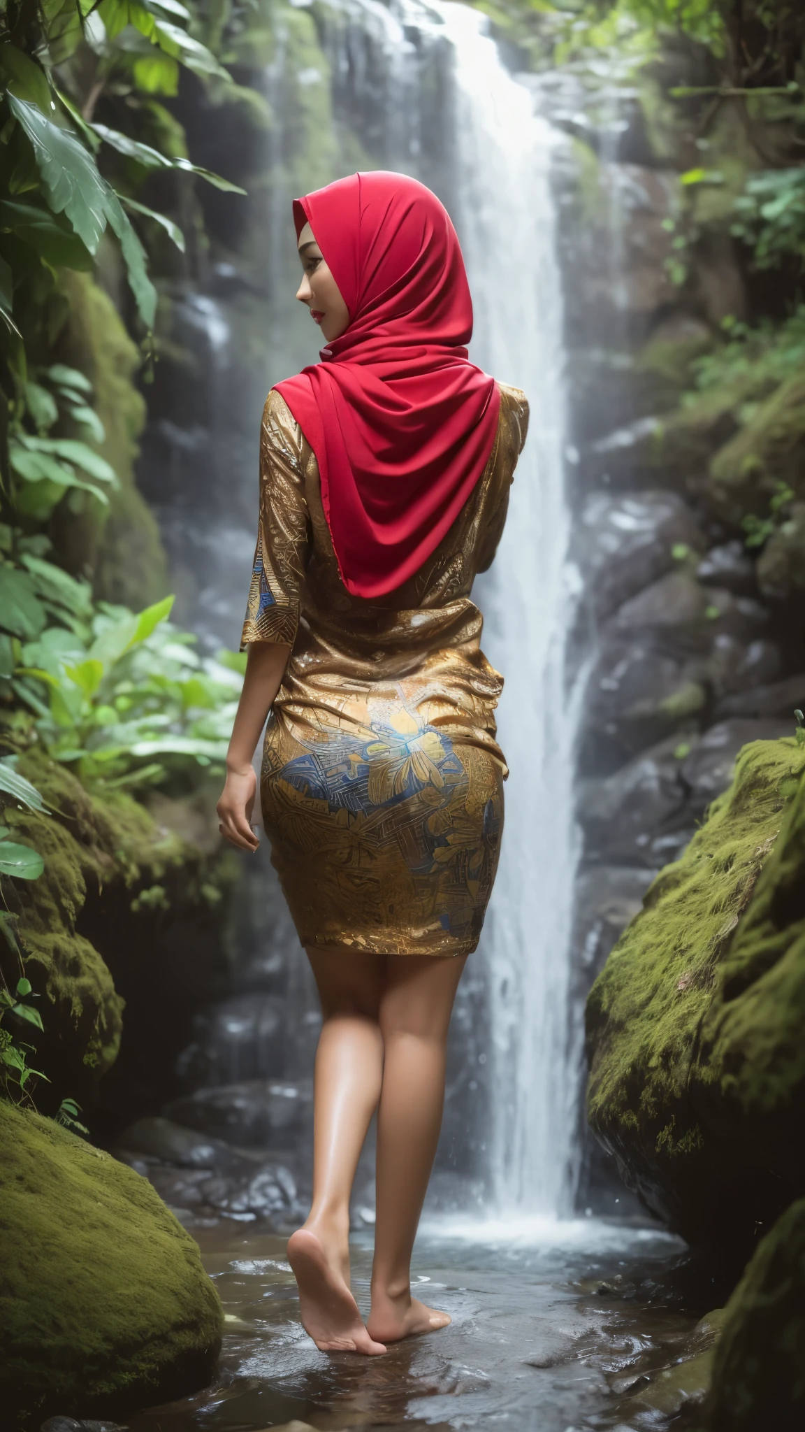 Arafed woman in a red hijab walking in front of a waterfall - SeaArt AI