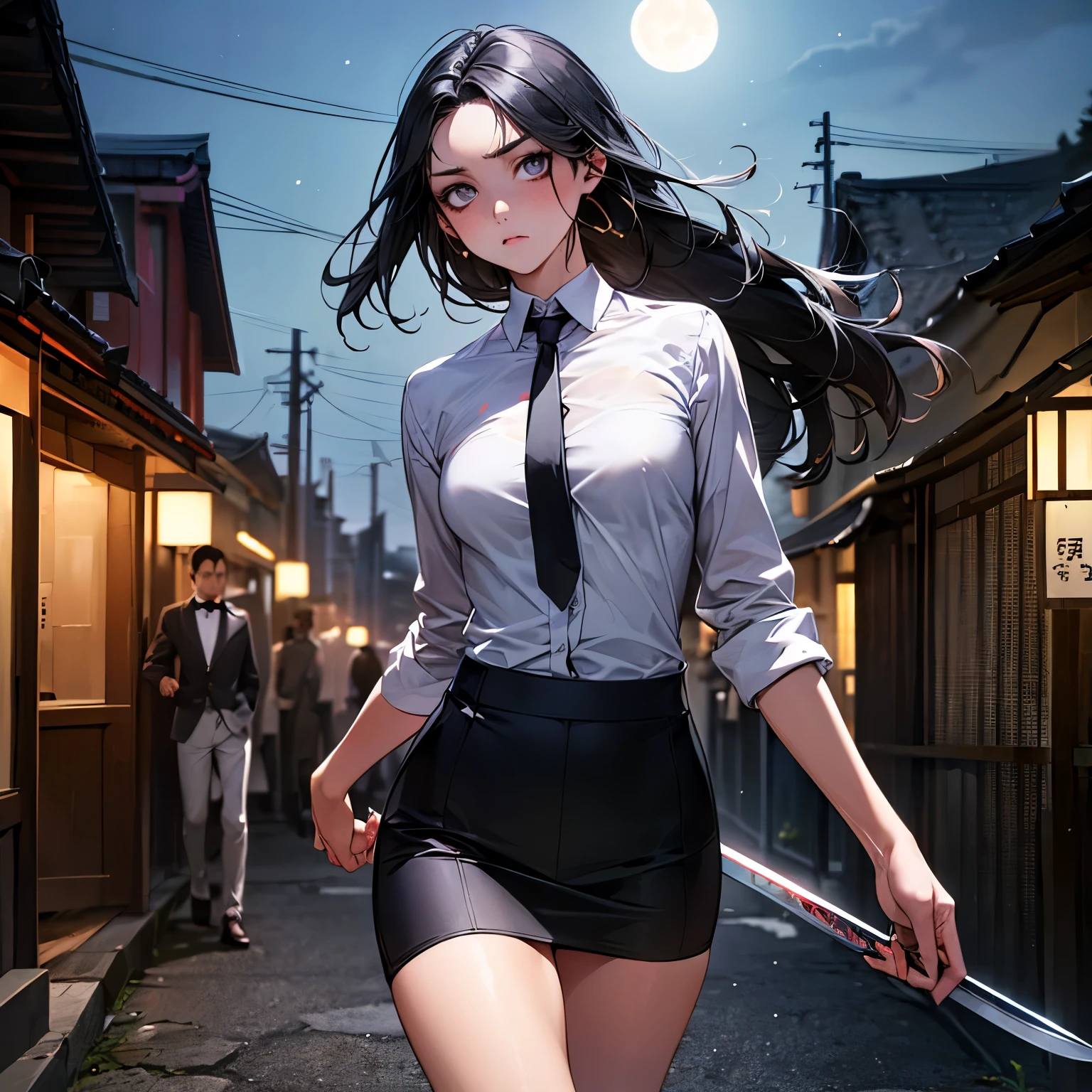 Anime girl in a short skirt and tie walking down a street - SeaArt AI