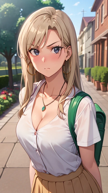 masterpiece, best quality, high resolution, UHD, RTX, pixel perfect, depth of field, 4k, highly detailed, 1 girl, single, solo, beautiful anime girls, beautiful art style, anime characters, long hair, open bangs, middle hair bangs part, dark blonde hair, black eyes:1.4, round eyes, beautiful eyelashes, realistic eyes, detailed face, blush:1.2, fine texture:0.75, realistic texture:0.65, photorealistic:1.1, CG anime style, bright color, breasts medium, cleavage, busty, dynamic angle, perfect body, POV, dynamic pose, looking at the viewer, wearing high , school short skirt, backpack, 1 diamond necklace, hoop earrings, pouting, tsundere, shy, garden entertainment, leaning forward