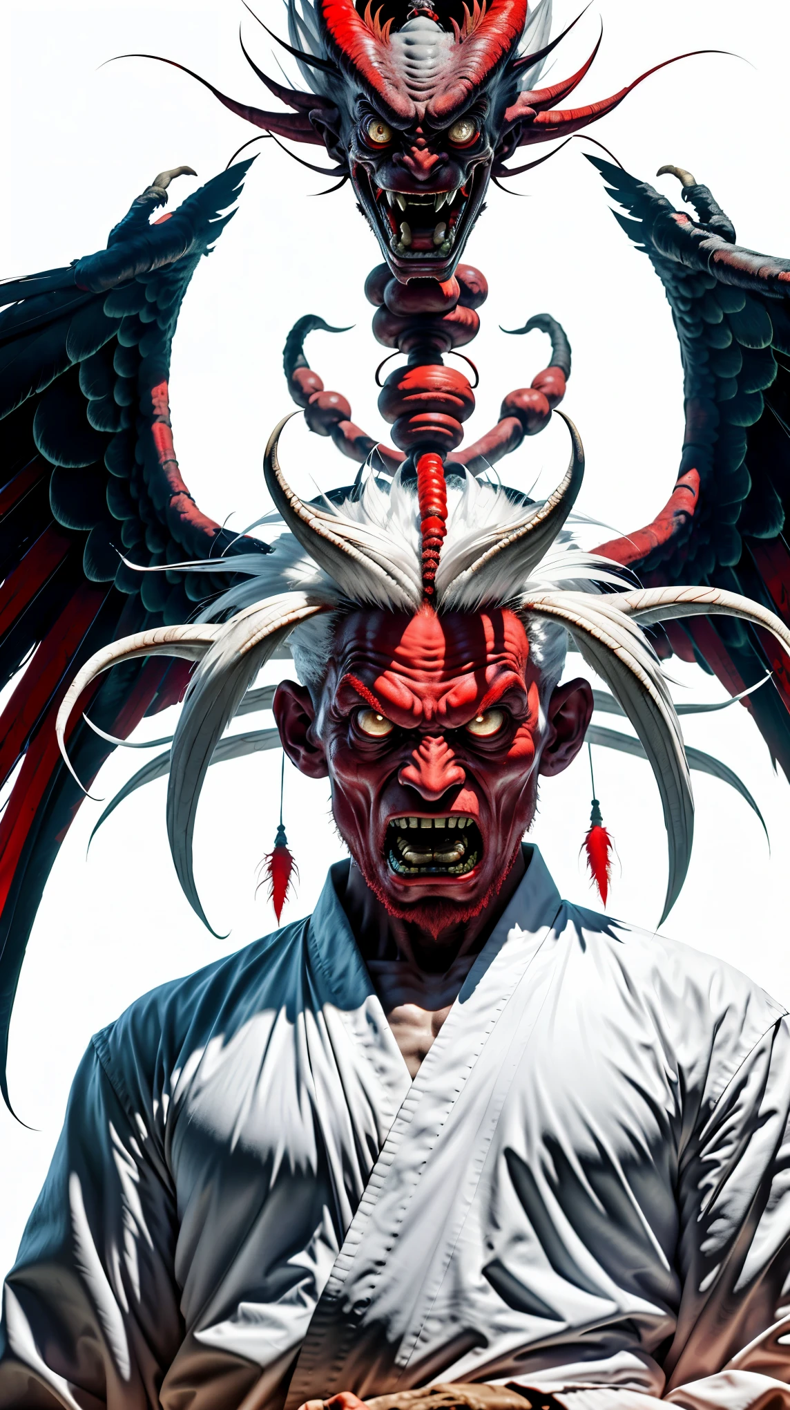 Imposing and terrifying alien tengu, it is 3 meters tall, has red-hot skin, long white hair, angelic white feather wings, and is adorned with a Buddhist monk's outfit, volatile, aggressive and ruthless.