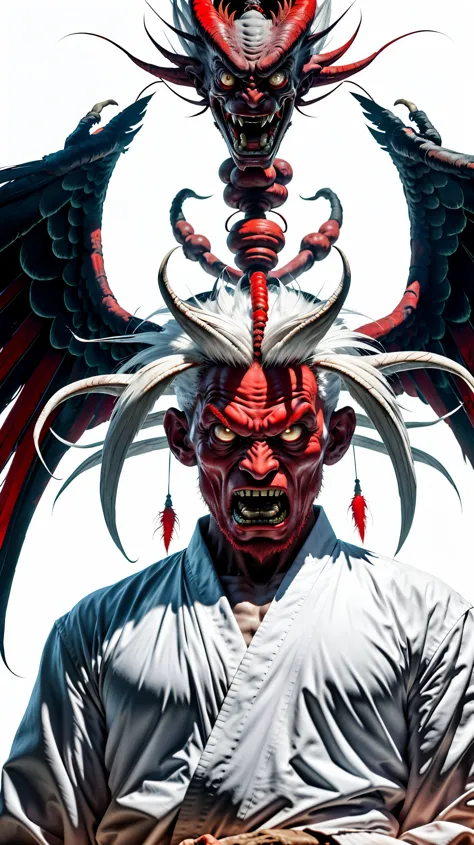 imposing and terrifying alien tengu, it is 3 meters tall, has red-hot skin, long white hair, angelic white feather wings, and is...