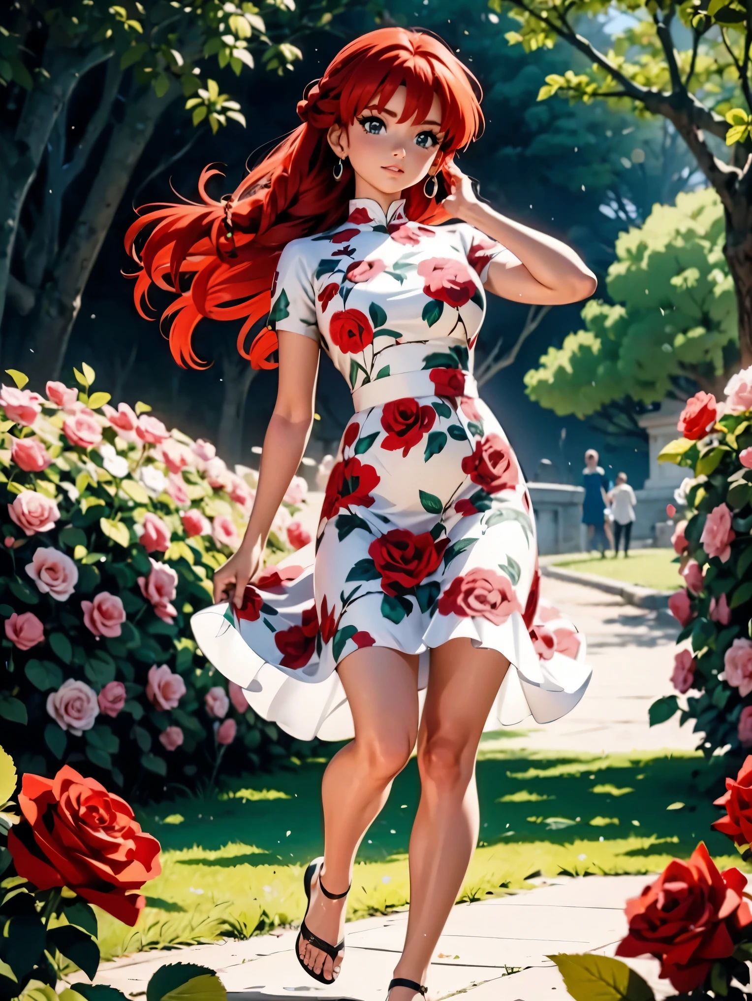 Garota anime ruiva com vestido longo branco com desenho de rosas casamento, saia, 16 anos, corpo bonito, seios grandes, with hands behind head, running your hands through your hair, Garota sexy, red hair with braid , beautiful lighting, sombras suaves, olhos azuis, pernas bonitas, hair with braid, estilo anime, Ranma Chan, Autora Rumiko Takahashi, Baseado em obra de Rumiko Takahashi, Anime Ranma 1/ 2, decote sexy, quadril robusto, corpo inteiro, corpo inteiro, busto grande, garota jovem com corpo belo e bonito, sandals on his feet, garota 16 anos jovem baixa estatura, usando vestido longo branco com desenhos de rosas, estampa florida, vestido com arte florida de rosas, garota anime, estilo anime, beautiful feet in sandals, 45° viewing angle, ao ar livre, vestido com estampa florida rosas, rose flower print dress