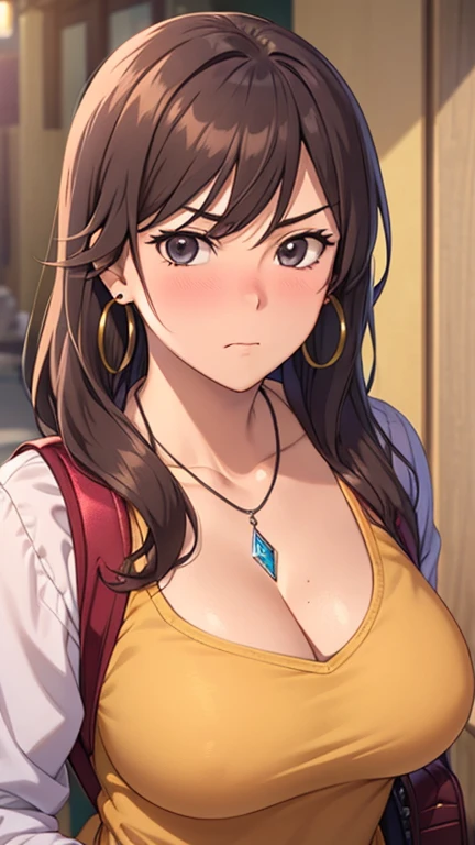 masterpiece, best quality, high resolution, UHD, RTX, pixel perfect, depth of field, 4k, highly detailed, 1 girl, single, solo, beautiful anime girls, beautiful art style, anime characters, long hair, open bangs, middle hair bangs part, dark red hair, black eyes:1.4, round eyes, beautiful eyelashes, realistic eyes, detailed face, blush:1.2, fine texture:0.75, realistic texture:0.65, photorealistic:1.1, CG anime style, bright color, breasts medium, cleavage, busty, dynamic angle, perfect body, POV, dynamic pose, looking at the viewer, wearing high , backpack, 1 diamond necklace, hoop earrings, pouting, tsundere, shy, class, leaning over front