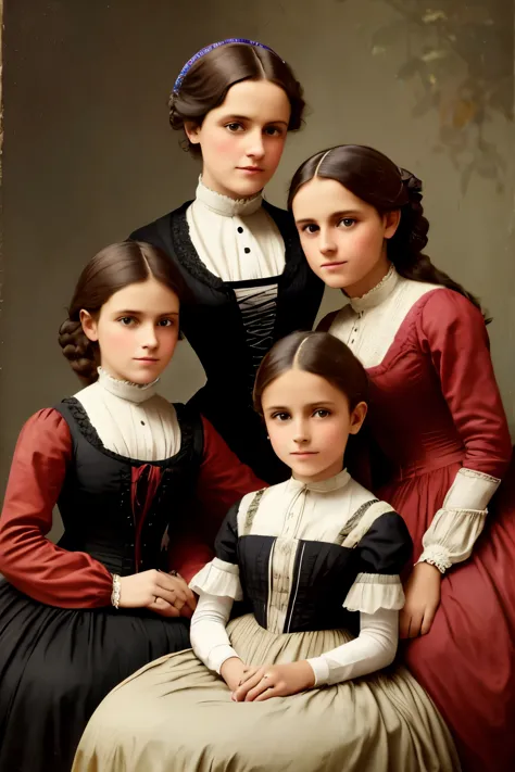 1880 ,mother and her 2 tween daughters on a magazine cover, vibrant colors, high-resolution, realistic portrayal,Victorian style...