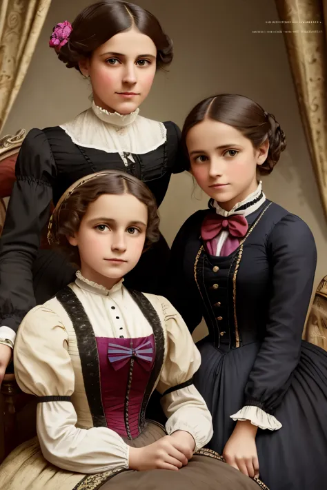 1880 ,mother and her 2 tween daughters on a magazine cover, vibrant colors, high-resolution, realistic portrayal,victorian style...