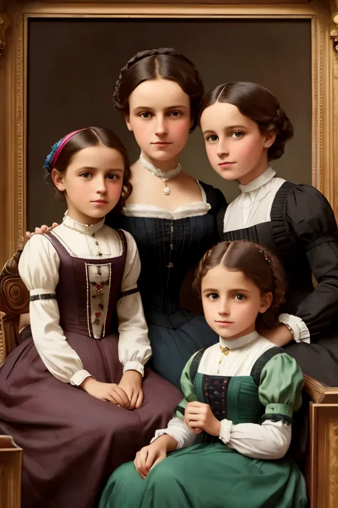 1880 ,mother and her 2 tween daughters on a magazine cover, vibrant colors, high-resolution, realistic portrayal,Victorian style...