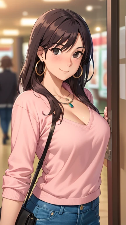 masterpiece, best quality, high resolution, UHD, RTX, pixel perfect, depth of field, 4k, highly detailed, 1 girl, single, solo, beautiful anime girls, beautiful art style, anime characters, long hair, open bangs, middle hair bangs part, dark red hair, black eyes:1.4, round eyes, beautiful eyelashes, realistic eyes, detailed face, blush:1.2, fine texture:0.75, realistic texture:0.65, photorealistic:1.1, CG anime style, bright color, breasts medium, cleavage, busty, dynamic angle, perfect body, POV, dynamic pose, looking at the viewer, pink hoodie, short jeans, fashionable handbag, 1 diamond necklace, hoop earrings, shy smile, tsundere, mall , stand