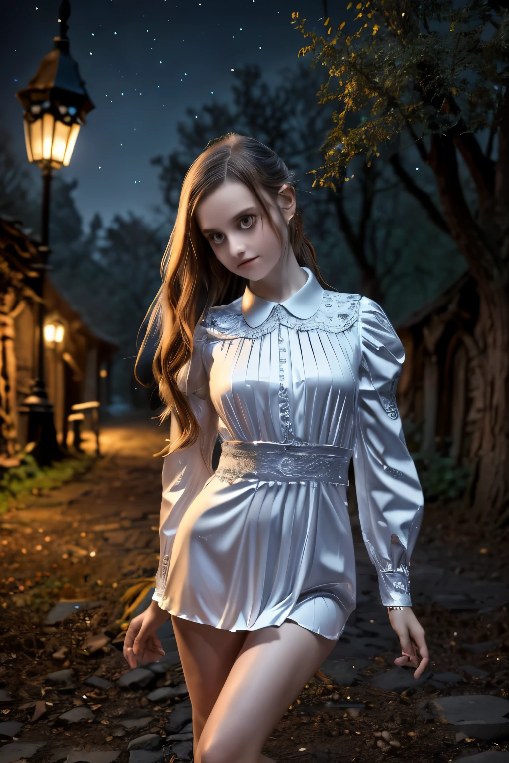 ((Super detailed,ultra high resolution,detailed background)),ancient city,dark forest at night,spooky,Chill,Inspiration,1 girl,wearing a minidress、Wearing a white collared long-sleeved blouse、