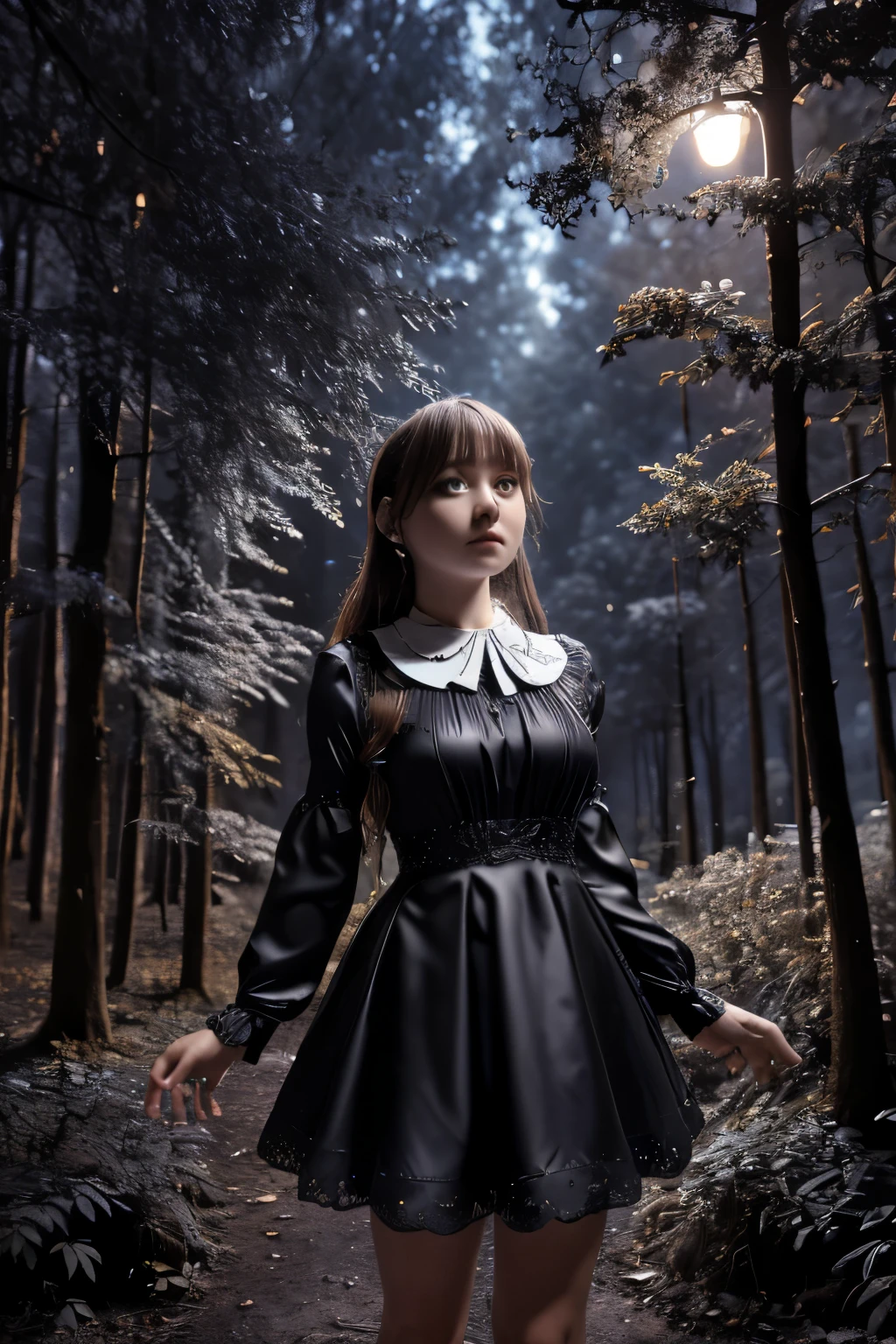 ((Super detailed,ultra high resolution,detailed background)),ancient city,dark forest at night,spooky,Chill,Inspiration,1 girl,wearing a minidress、Wearing a white collared long-sleeved blouse、