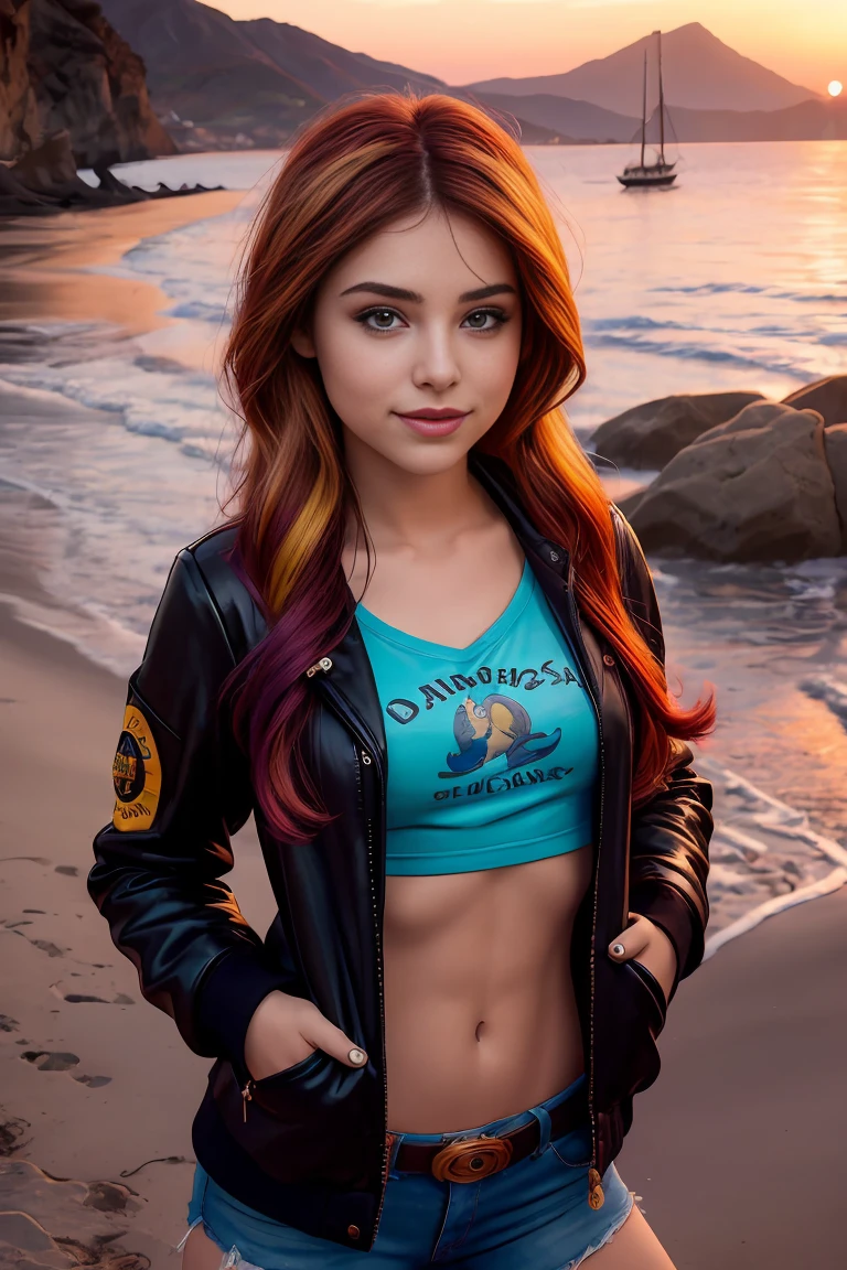 (masterpiece, The best quality:1.2), only, 1girl, mlpshimmer, Nice smile , make-up , Red lips , looking at the viewer, Crossed arms, small black jacket , Orange T-shirt , purple skirt , sunset shimmer , 18 years , beautiful teenage girl , Teenage model , turquoise eyes , Varied background, Full body photo 