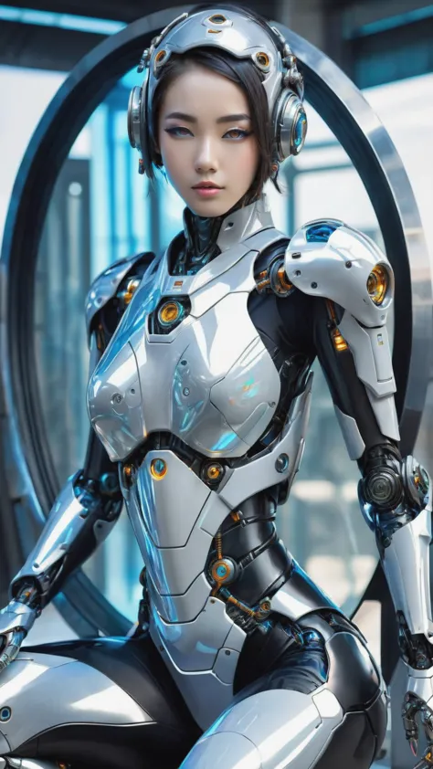Arabian woman in futuristic suit sitting in a round mirror, cute Cyborg Girl, Beautiful girl cyborg, Girl wearing mecha cyber ar...