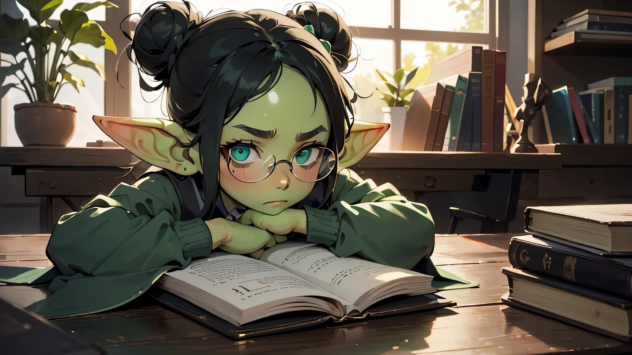 best god quality, Ultra-detailed, perfect Anatomy, ( draw a little goblin girl with green skin, with an embarrassed expression and a shy expression, 1 girl, is a shy goblin student, dressed in highschool girl outfit, green eyes, the goblin is wearing glasses, she is holding books, she has black hair, hair is tied up in a bun, hair is black, (((SOLO))), a magical academy in the background, Best lighting by professional AI, an academy, looking at viewer, (((One girl in middle)))