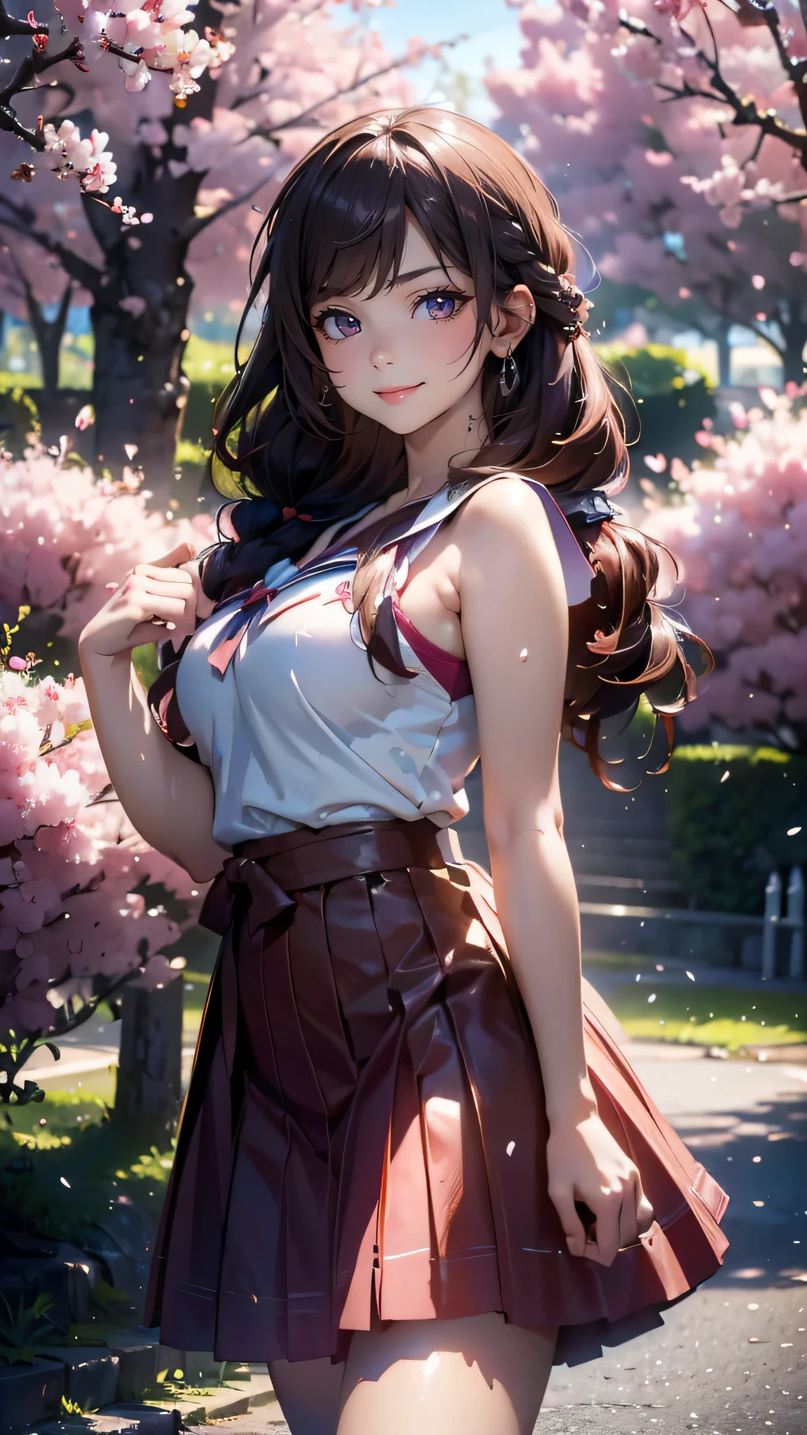 A park where cherry blossoms dance,high school girl,(random pose),(random hairstyle),(Highest image quality,(8K), Ultra-realistic, Best Quality, High quality, High Definition, high quality texture, high detailing, Beautiful detailed, fine detailed, extremely details CG, Detailed texture, realistic representation of face, masterpiece, presence)