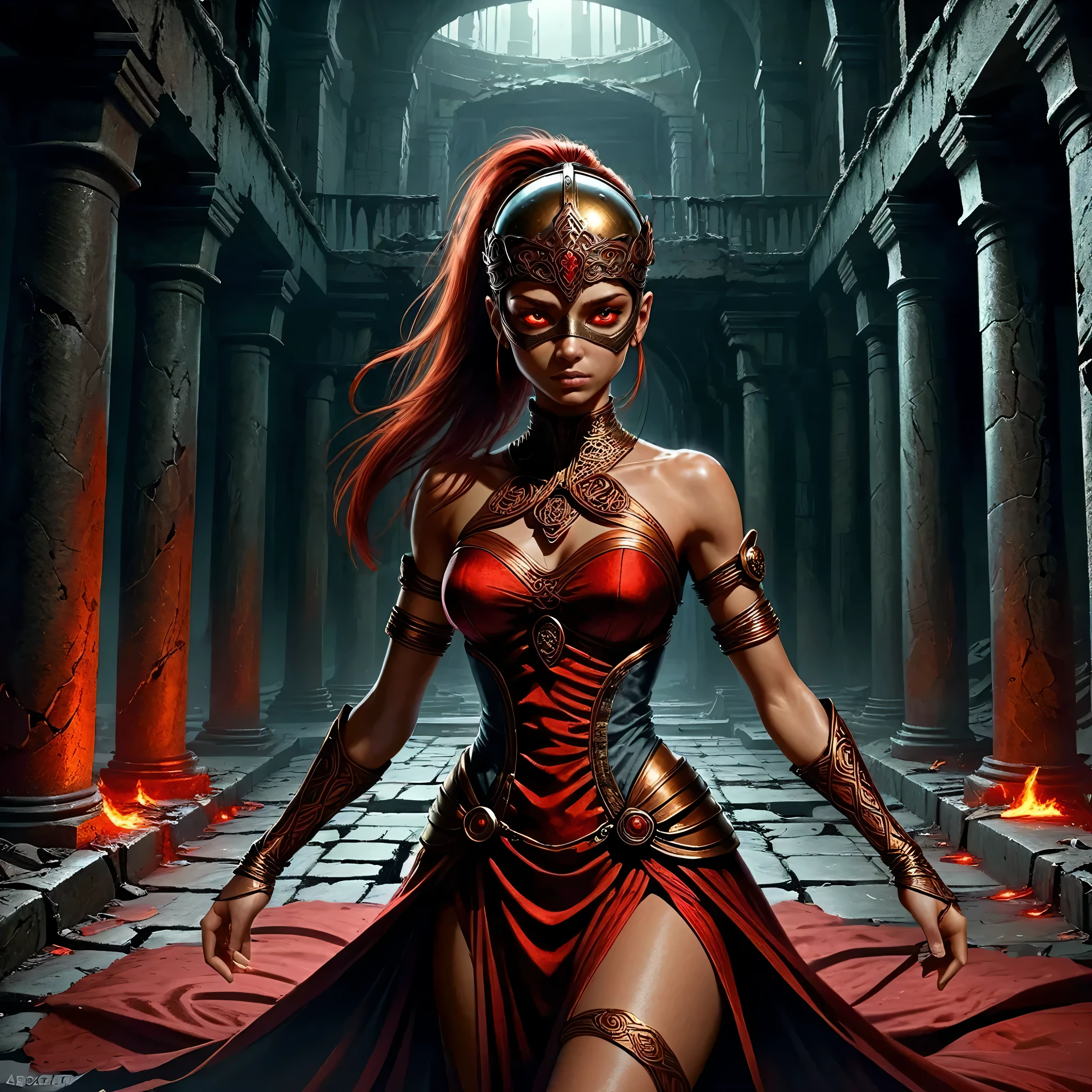 single evil priestess (fantasy art, Masterpiece, best quality: 1.3), dead but living, on a majestic bed in an evil dark ruined crypt, at night, darkness, she is facing the ceiling, fullbody, full body, thin lower body, the viewer is looking from high above down on her, Ultra Detailed Face (intricate details, fantasy art, Masterpiece, best quality: 1.5), tone mapped, detailed, highly detailed, digital painting, artstation, concept art, smooth, sharp focus, ((beautiful delicate face)), sandals, bronze waistguard and jewellery, multiple bronze twisted armlets, bronze bracelets, brown and grey helmet naked arms, bronze metallic waistguard, elegant red fabric-straps of the dress connecting bronze metallic waistguard with the neck and covering the huge breasts, absolutely naked shoulders, runed clothing, naked shoulders, evil scary creepy gaze, exposed shoulders, massive helmet covering the hole head, closed helm, closed helmet
