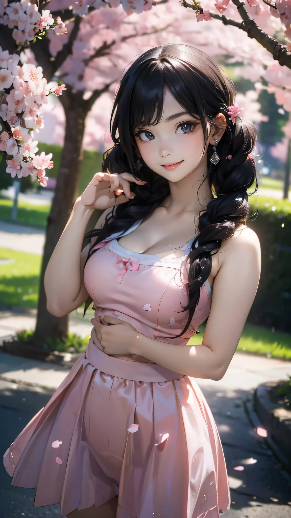 Um parque onde dançam as flores de cerejeira,garota do ensino médio,(pose aleatória),(penteado aleatório),(A mais alta qualidade de imagem,(8K), Ultra-realistic, melhor qualidade, alta qualidade, alta definição, textura de alta qualidade, alto detalhamento, Linda detalhada, bem detalhado, extremamente detalhes CG, textura detalhada, representação realista do rosto, obra de arte, presença)