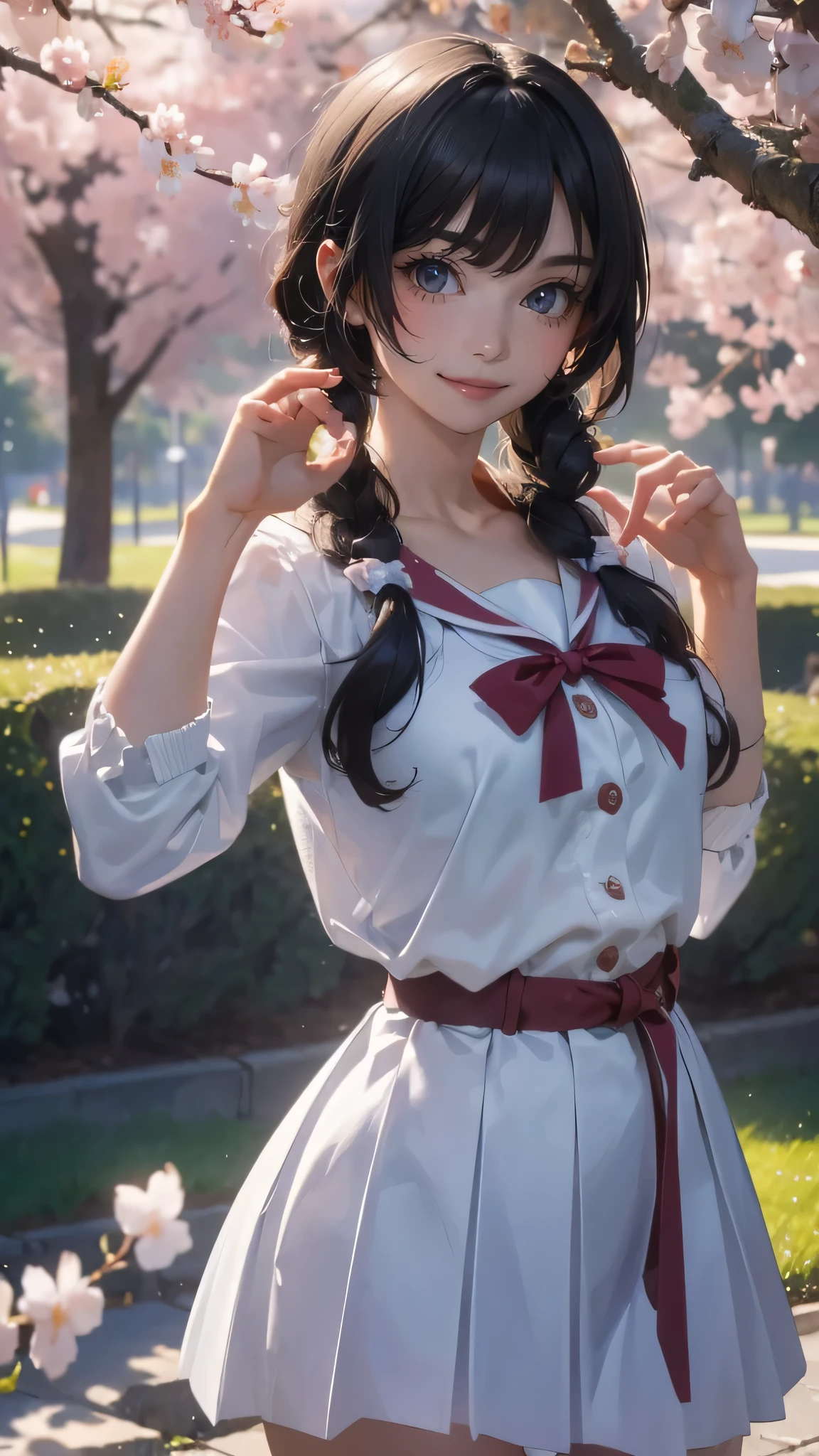 A park where cherry blossoms dance,high school girl,(random pose),(random hairstyle),(Highest image quality,(8K), Ultra-realistic, Best Quality, High quality, High Definition, high quality texture, high detailing, Beautiful detailed, fine detailed, extremely details CG, Detailed texture, realistic representation of face, masterpiece, presence)