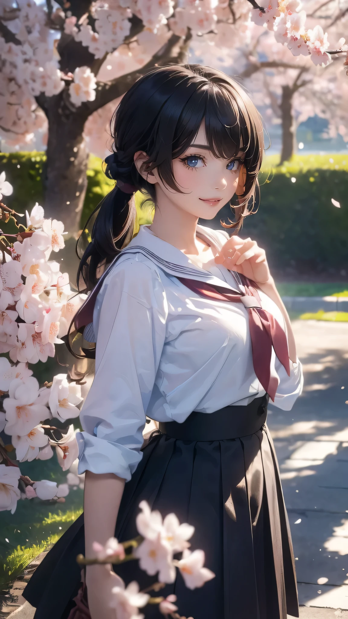 A park where cherry blossoms dance,high school girl,(random cute pose),(random hairstyle),(Highest image quality,(8K), Ultra-realistic, Best Quality, High quality, High Definition, high quality texture, high detailing, Beautiful detailed, fine detailed, extremely details CG, Detailed texture, realistic representation of face, masterpiece, presence)