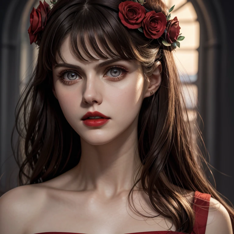 Alexandra Daddario, (masterpiece),(best quality:1.0), (ultra highres:1.0), detailed illustration, 8k, anime, 1girl, beautiful anime girl, wearing a red dress, flower crown, pretty face, detailed face, beautiful eyes, detailed eyes, dark red eyes, bright red lips, red lipstick, beautiful stylish hair, highlights in hair, bangs anime style, best quality, vibrant