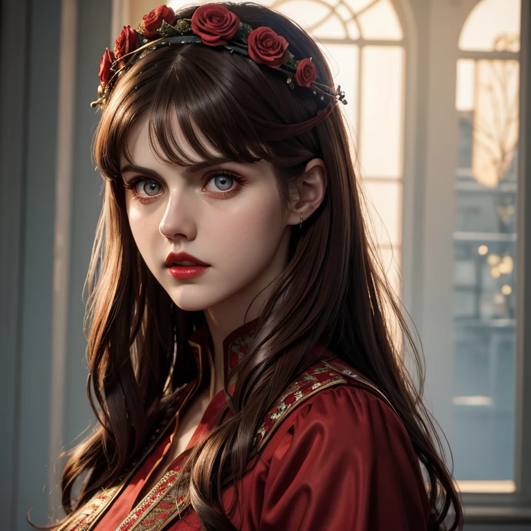 Alexandra Daddario, (masterpiece),(best quality:1.0), (ultra highres:1.0), detailed illustration, 8k, anime, 1girl, beautiful anime girl, wearing a red dress, flower crown, pretty face, detailed face, beautiful eyes, detailed eyes, dark red eyes, bright red lips, red lipstick, beautiful stylish hair, highlights in hair, bangs anime style, best quality, vibrant