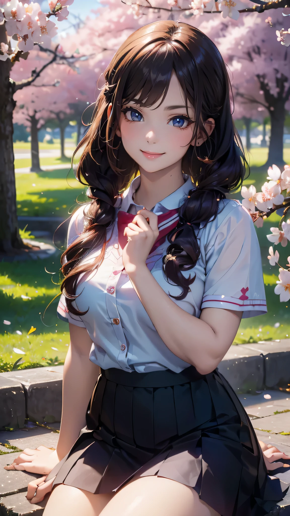 Ein Park, in dem Kirschblüten tanzen,High-School-Mädchen,(zufällige süße Pose),(Zufällige Frisur),(Höchste Bildqualität,(8K), ultra-realistisch, beste Qualität, gute Qualität, hochauflösend, hochwertige Textur, hohe Detailliertheit, Schöne Details, fein detailliert, extrem detaillierte CG, Detaillierte Textur, realistische Darstellung des Gesichts, Meisterwerk, Gegenwart)