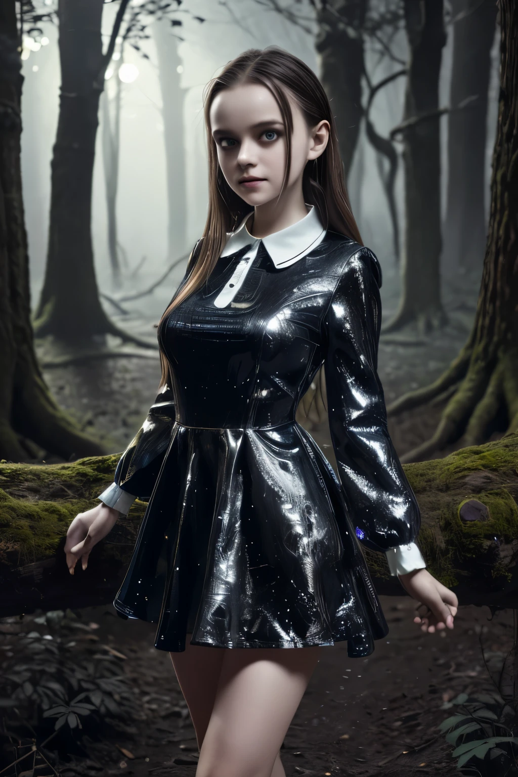 ((Super detailed,ultra high resolution,detailed background)),ancient city,dark forest at night,spooky,Chill,Inspiration,1 girl,wearing a minidress、Wearing a white collared long-sleeved blouse、