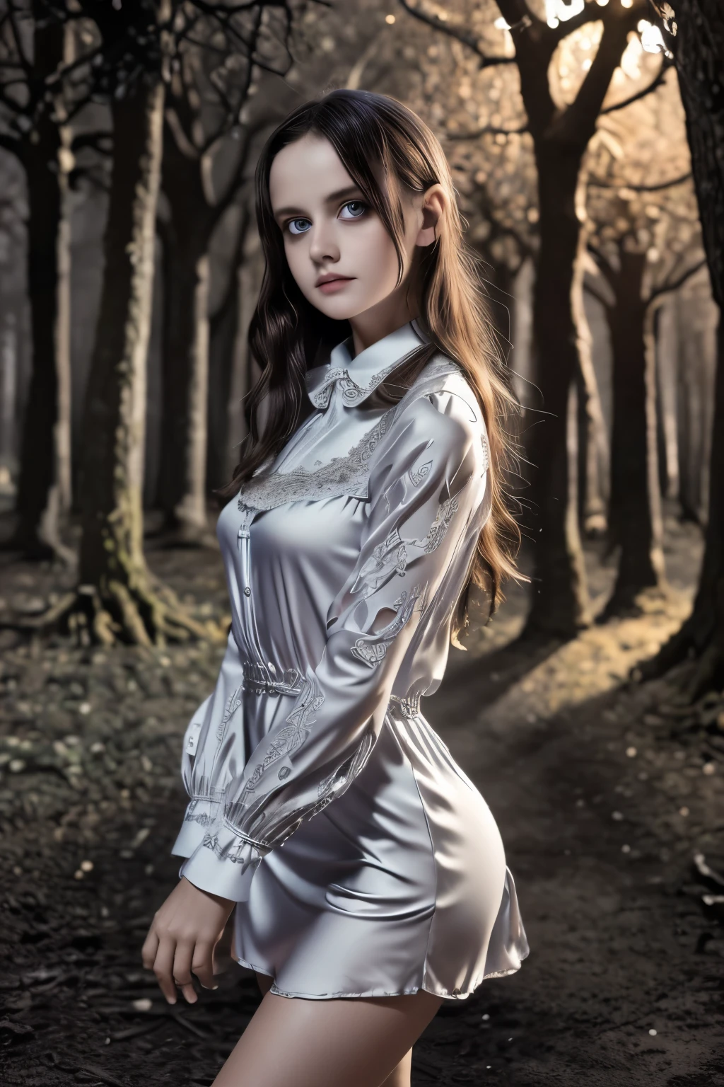 ((Super detailed,ultra high resolution,detailed background)),ancient city,dark forest at night,spooky,Chill,Inspiration,1 girl,wearing a minidress、Wearing a white collared long-sleeved blouse、