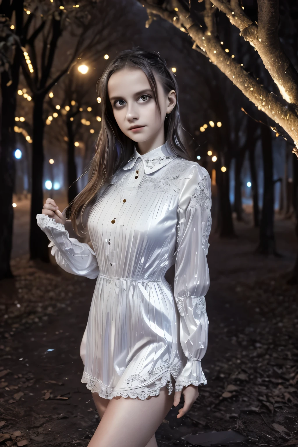 ((Super detailed,ultra high resolution,detailed background)),ancient city,dark forest at night,spooky,Chill,Inspiration,1 girl,wearing a minidress、Wearing a white collared long-sleeved blouse、