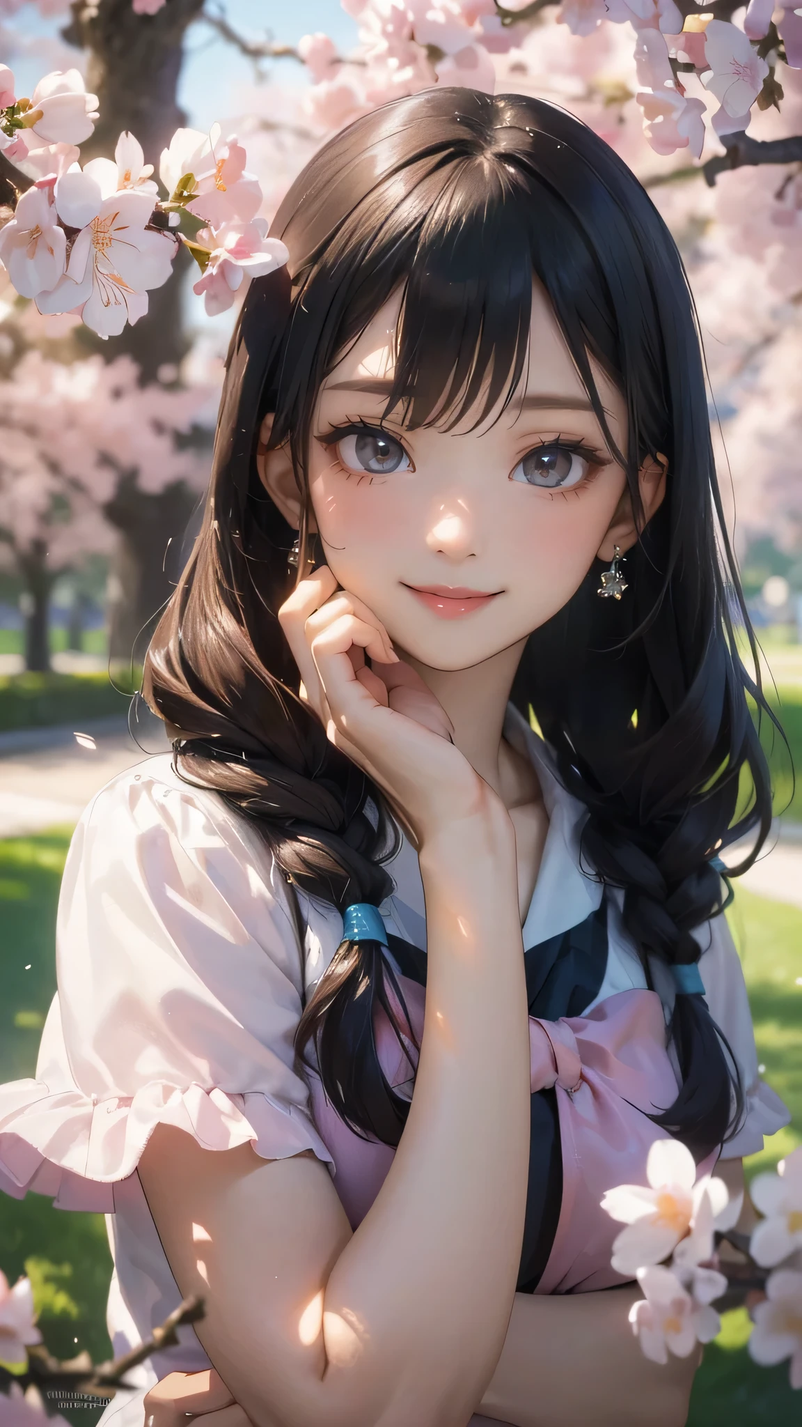 A park where cherry blossoms dance,high school girl,(random cute pose),(random hairstyle),(Highest image quality,(8K), Ultra-realistic, Best Quality, High quality, High Definition, high quality texture, high detailing, Beautiful detailed, fine detailed, extremely details CG, Detailed texture, realistic representation of face, masterpiece, presence)