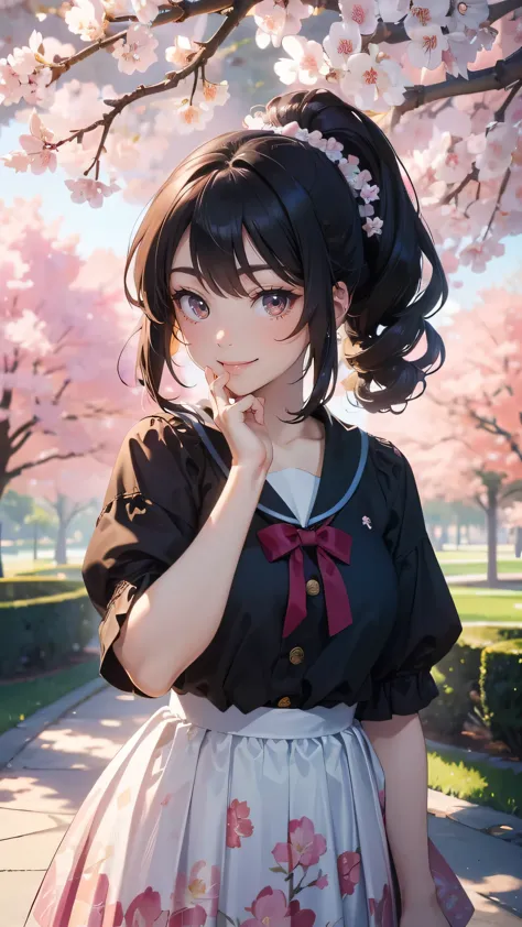 A park where cherry blossoms dance,high school girl,(random cute pose),(random hairstyle),(Highest image quality,(8K), Ultra-rea...