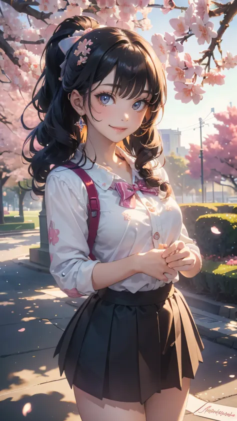 A park where cherry blossoms dance,high school girl,(random cute pose),(random hairstyle),(Highest image quality,(8K), Ultra-rea...