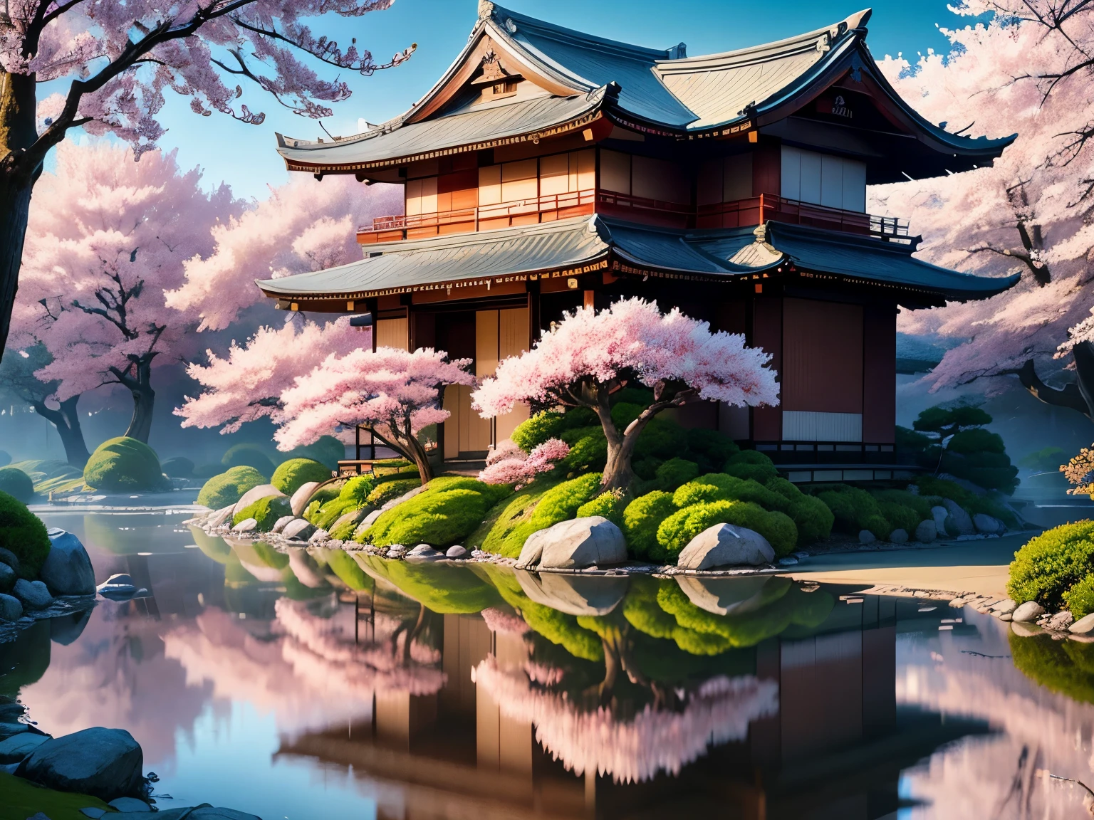 櫻花, 一個日本花園, 屏幕左側武士住宅的外部