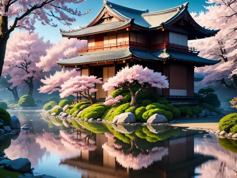 Cherry blossoms, a Japanese garden, the exterior of a samurai residence on the left side of the screen