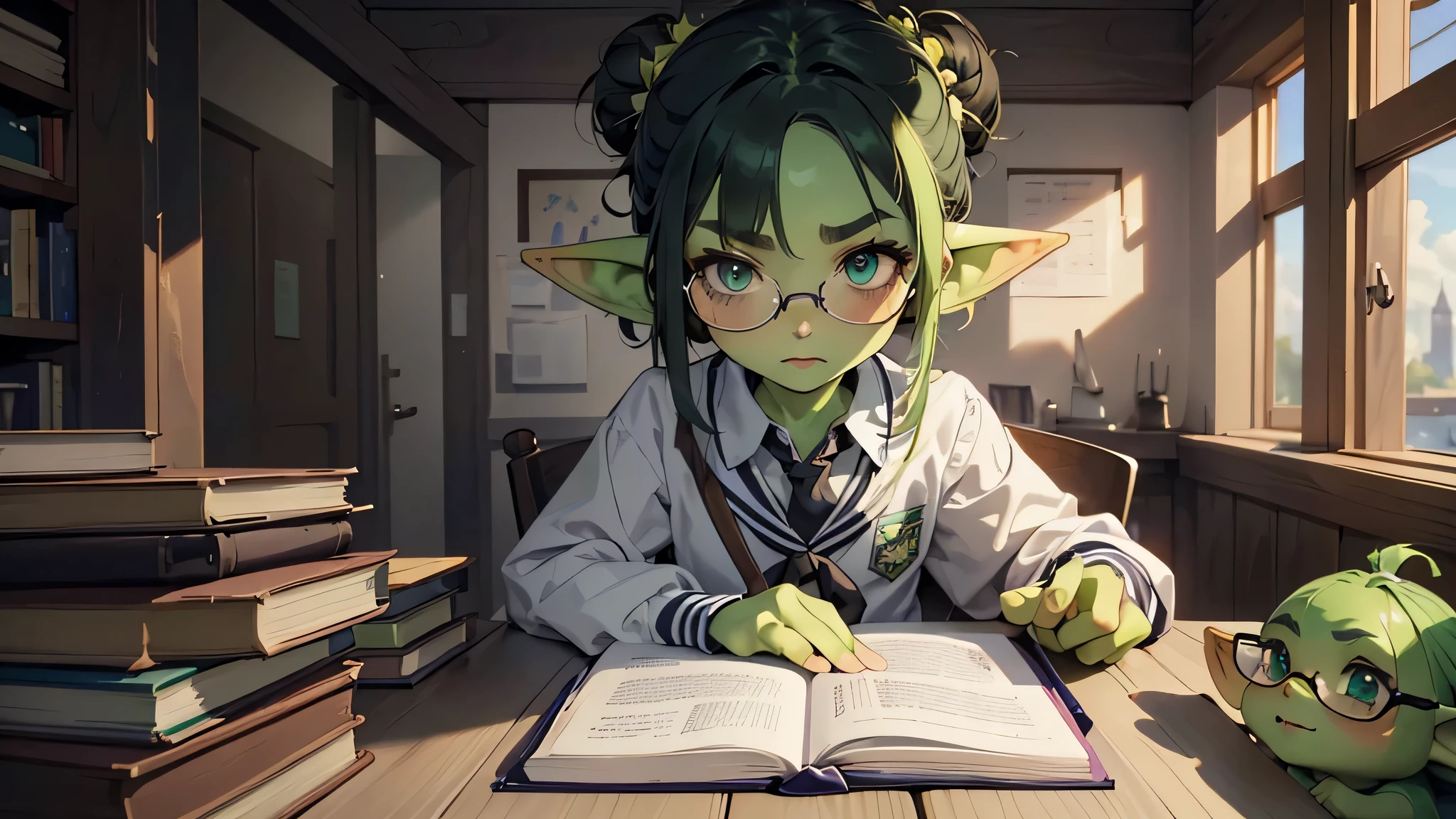 melhor qualidade de Deus, ultra-detalhado, anatomia perfeita, ( desenhe uma garotinha duende com pele verde, com uma expressão curiosa e uma expressão tímida, 1 garota, é um estudante goblin tímido, vestida com roupa de menina do ensino médio, olhos verdes, o duende está usando óculos, ela está segurando livros, ela está em pé, ela tem cabelo preto, o cabelo está preso em um coque, o cabelo é preto, (((Sozinho))), uma academia mágica ao fundo, Melhor iluminação por IA profissional, uma academia, olhando para o espectador, (((Uma garota no meio)))