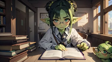 best god quality, Ultra-detailed, perfect Anatomy, ( draw a little goblin girl with green skin, with an curious expression and a...