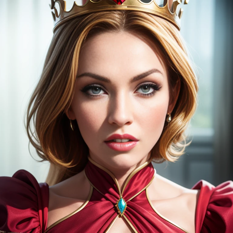 a close up of a woman wearing a crown and a red dress, female disney villain, portrait of evil queen, evil queen, disney weta portrait, disney villain, portrait of megan fox as a queen, wicked queen, portrait of Evil Queen, Queen portrait, artgerm moody photography, sexy queen, beautiful female queen