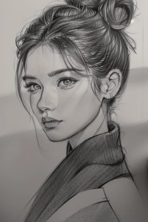 Drawing made with charcoal pencil, 4k, (style by NTY, drawing: 1.2), a woman, hair bun, front camera, sketch