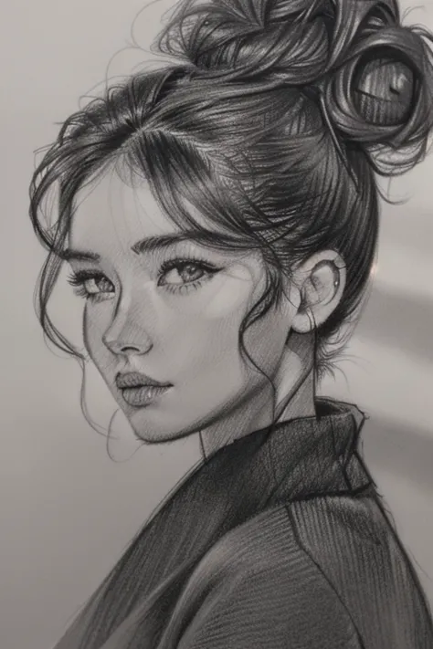 drawing made with charcoal pencil, 4k, (style by nty, drawing: 1.2), a woman, hair bun, front camera, sketch