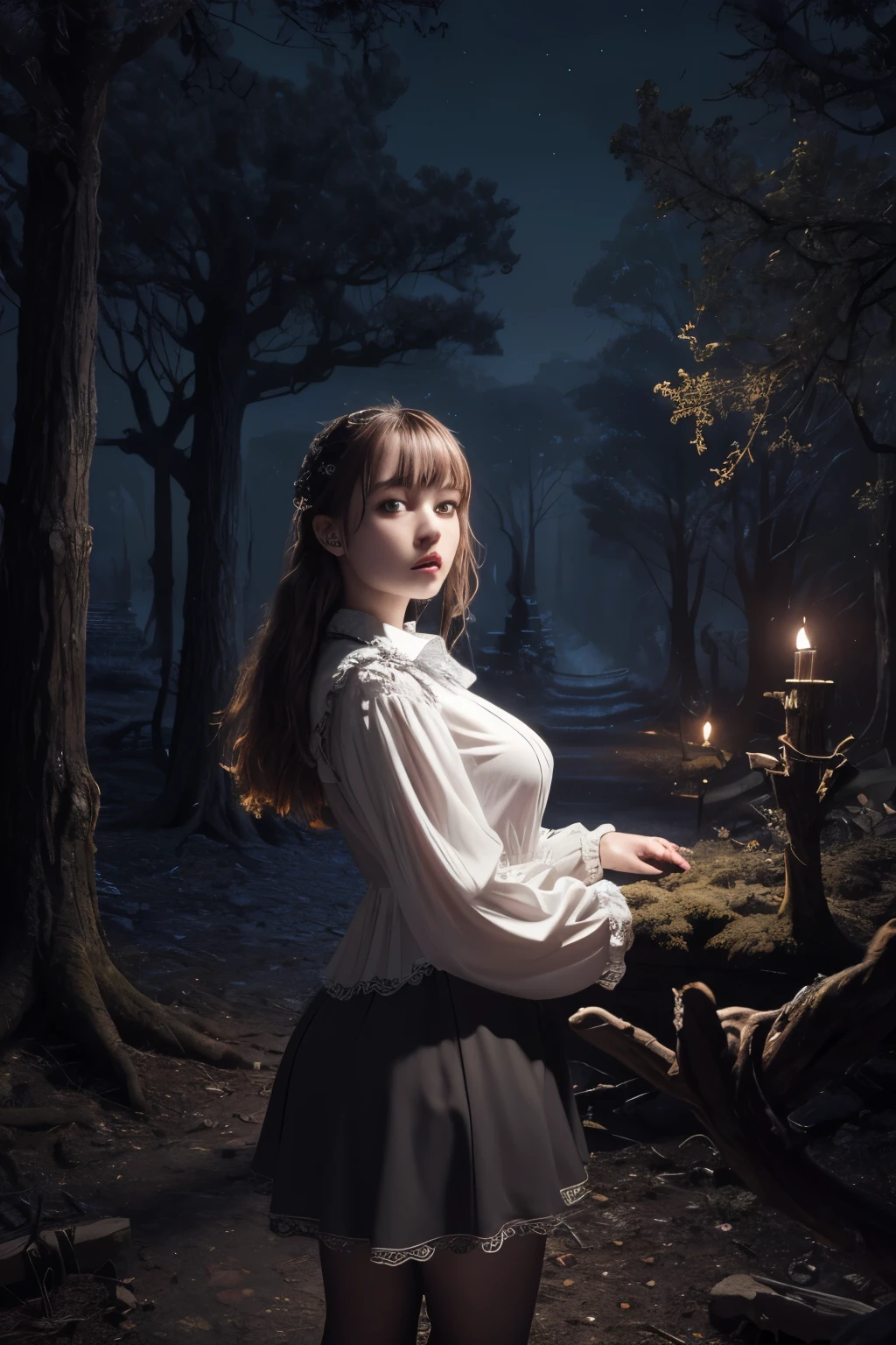 ((Super detailed,ultra high resolution,detailed background)),ancient city,dark forest at night,spooky,Chill,Inspiration,1 girl,wearing a minidress、Wearing a white collared long-sleeved blouse、