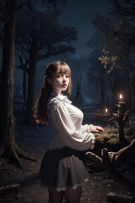 ((Super detailed,ultra high resolution,detailed background)),ancient city,dark forest at night,spooky,Chill,Inspiration,1 girl,w...