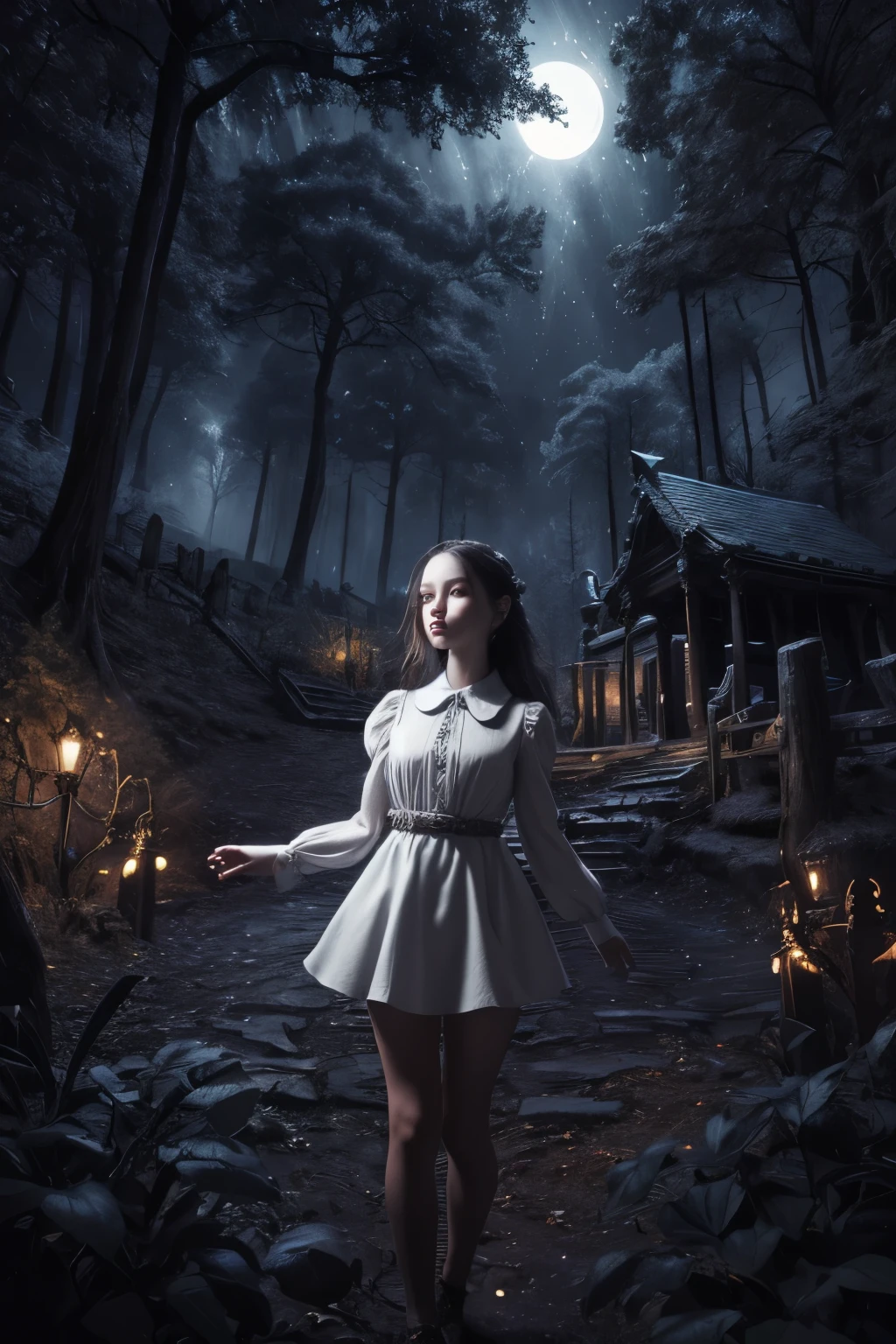 ((Super detailed,ultra high resolution,detailed background)),ancient city,dark forest at night,spooky,Chill,Inspiration,1 girl,wearing a minidress、Wearing a white collared long-sleeved blouse、