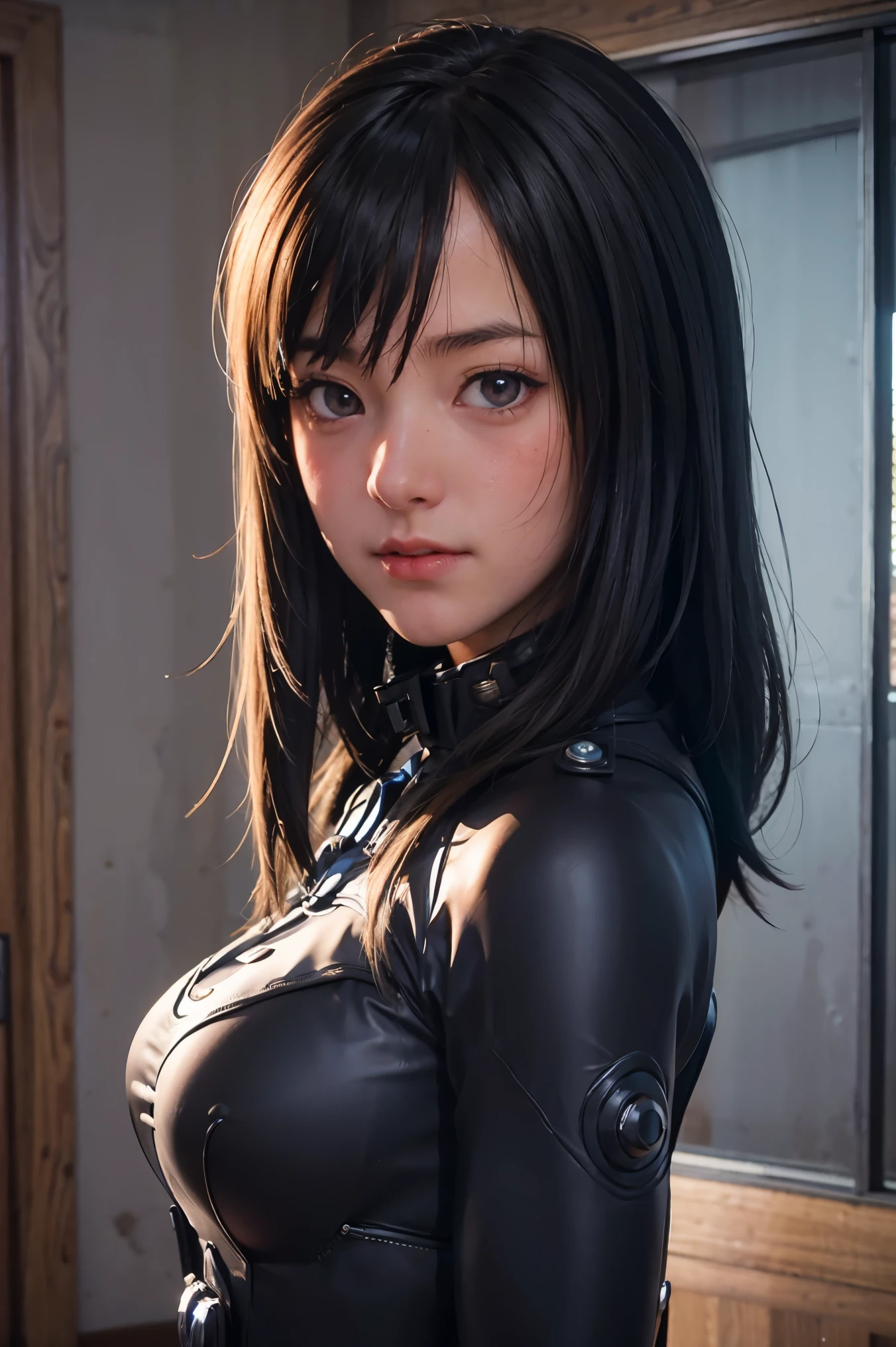 put hands cheek,(embarrassed face:1.4),(blush:1.4),reika\(gantz black suit\), (8k, best quality, masterpiece:1.2), (realistic, photo-realistic:1.37), large breasts,ultra-detailed, 1 girl,cute, solo, sad, beautiful face, black eyes,in room,looking at viewer