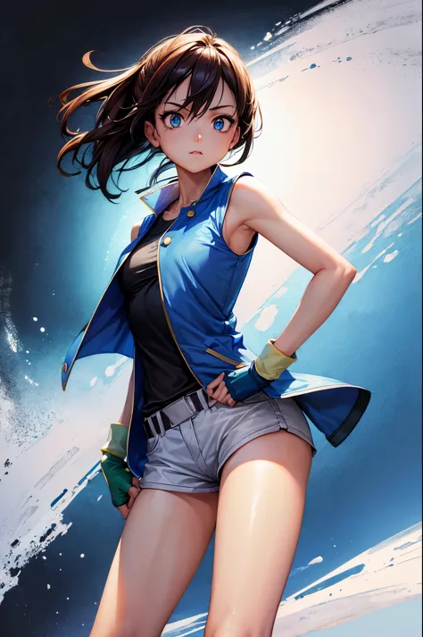 (masterpiece, best quality:1.2), expressive eyes, perfect face, highres, 1girl, solo, (female:1.5), ogashk, blue jacket, sleevel...