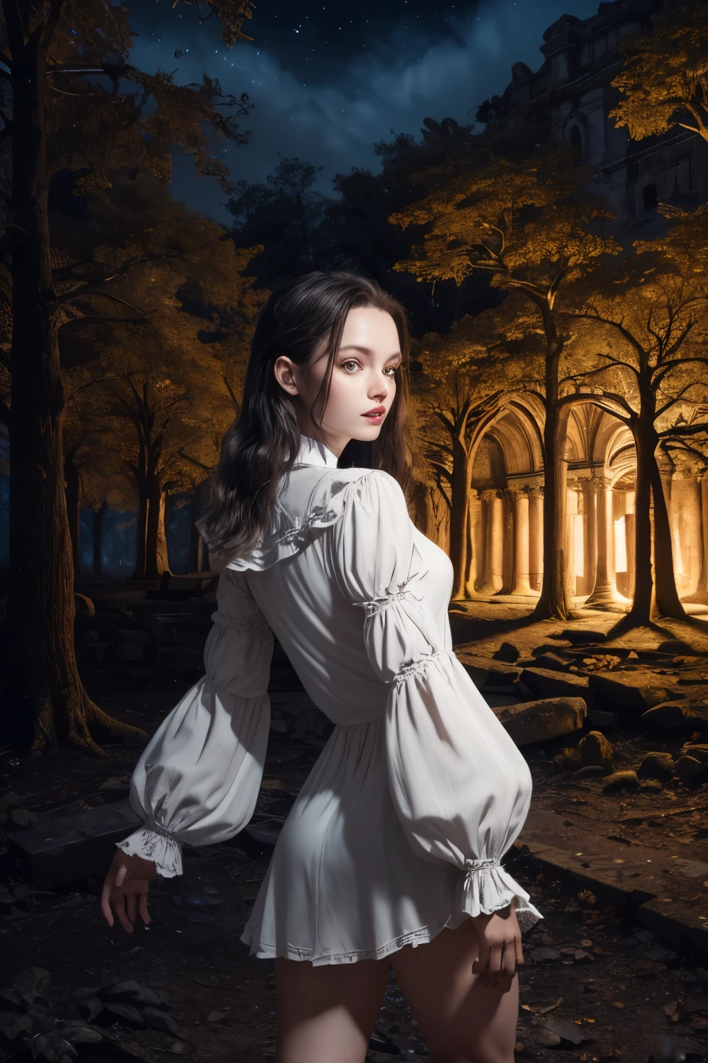 ((Super detailed,ultra high resolution,detailed background)),ancient city,dark forest at night,spooky,Chill,Inspiration,1 girl,wearing a minidress、Wearing a white collared long-sleeved blouse、