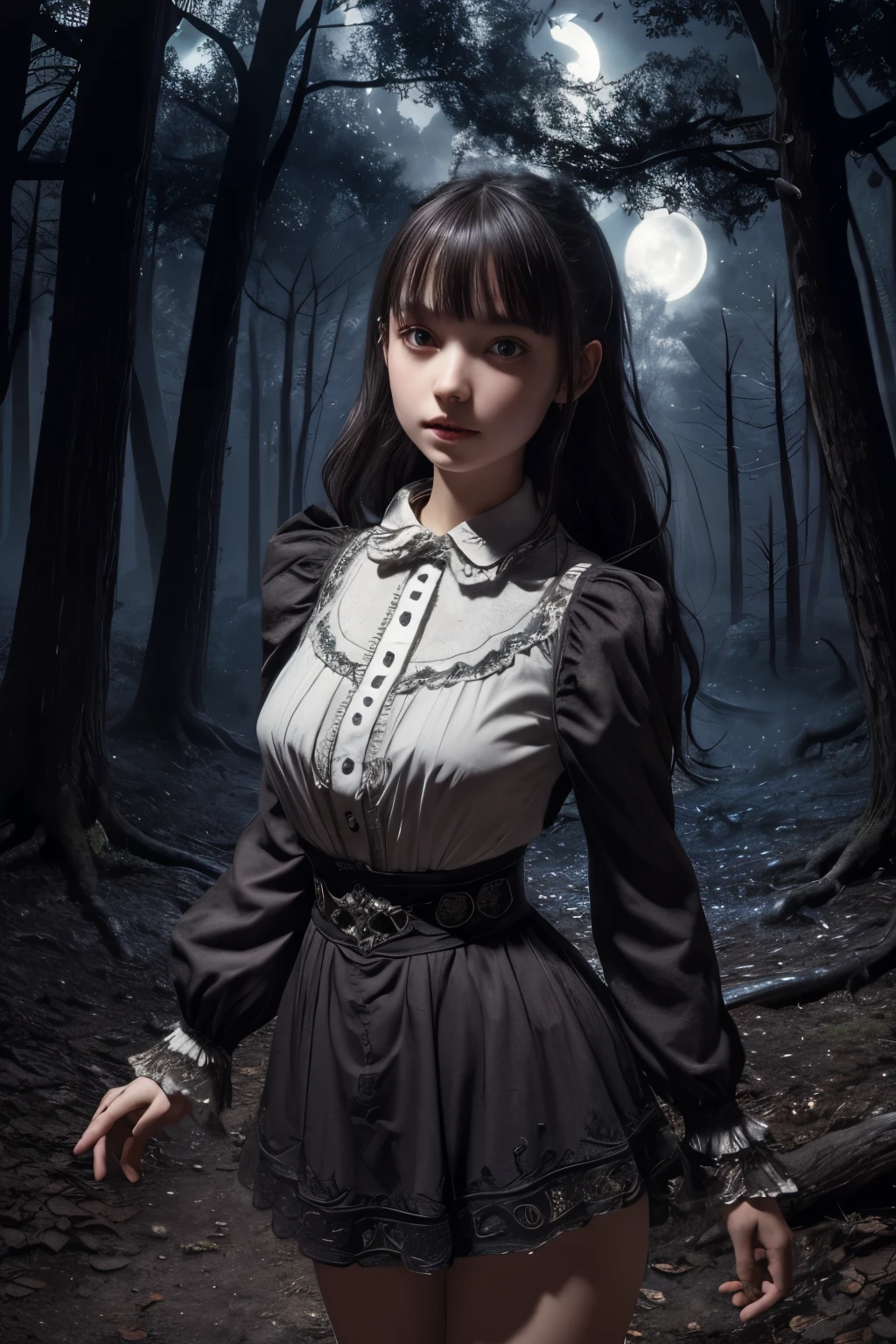 ((Super detailed,ultra high resolution,detailed background)),ancient city,dark forest at night,spooky,Chill,Inspiration,1 girl,wearing a minidress、Wearing a white collared long-sleeved blouse、