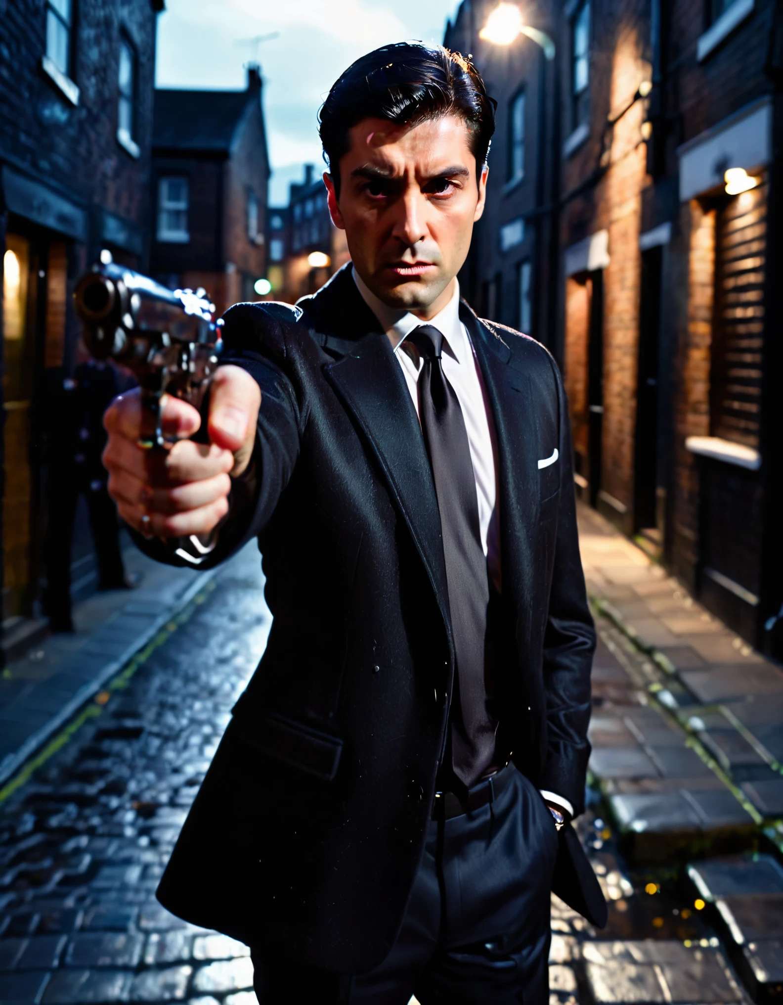 1man, middle aged, blurry, blurry background, british, black hair, short hair, dark brown eyes, (black coat, suit and tie, shoes), facial hair, formal, hand in pocket, (pointing pistol at the viewer), lens flare, male focus, necktie, solo, standing, suit, midnight, dark alleyway, noir lighting, danger atmosphere.